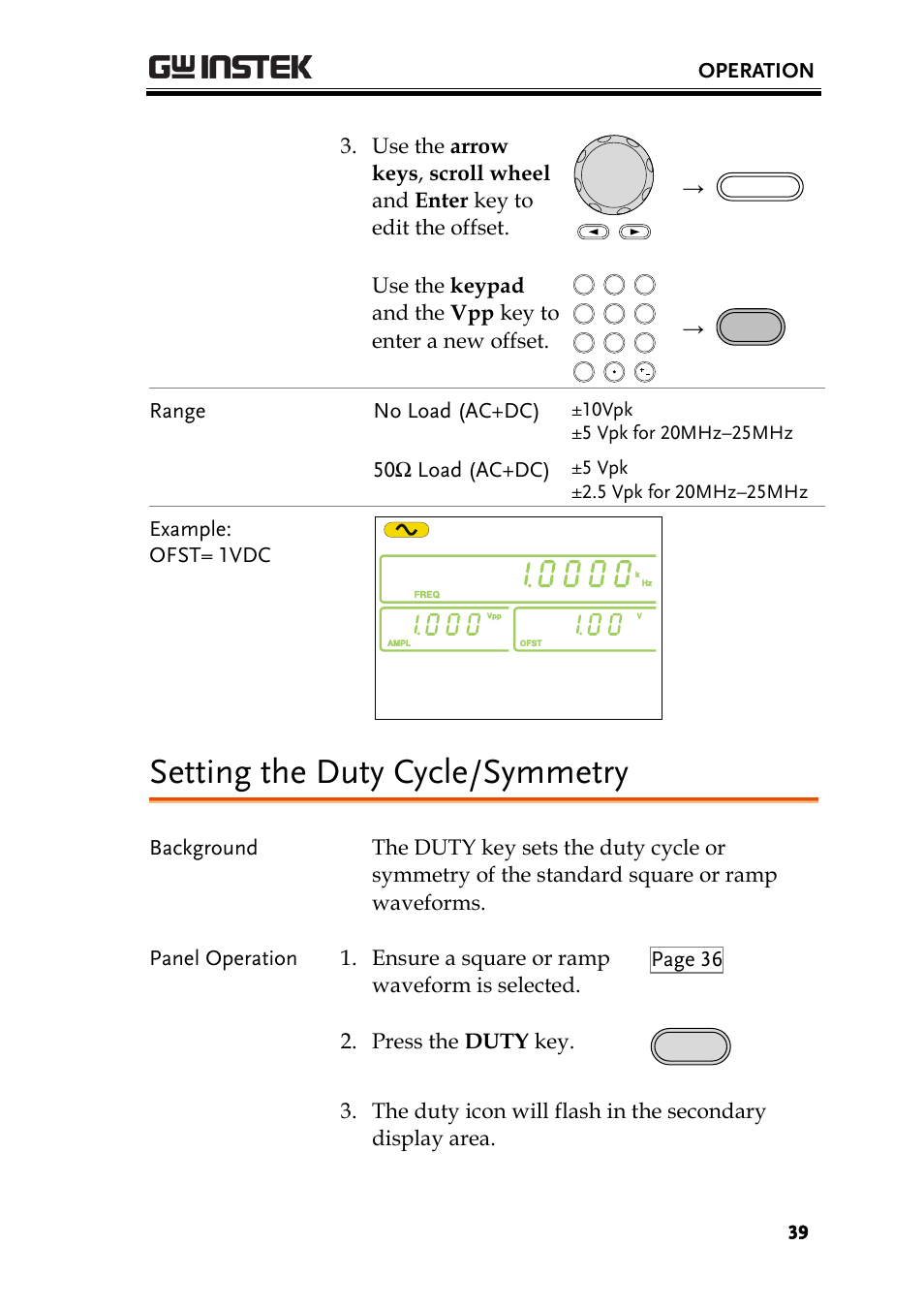 Setting the duty cycle/symmetry, Operation, Range no load (ac+dc) | 50ω load (ac+dc), Example: ofst= 1vdc | GW Instek AFG-2000 User Manual User Manual | Page 41 / 145