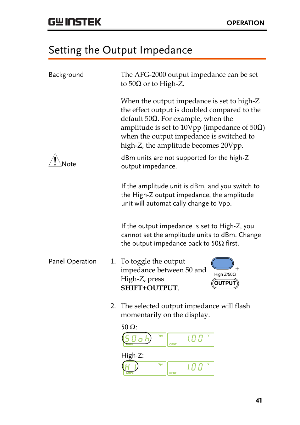 Setting the output impedance | GW Instek AFG-2000 User Manual User Manual | Page 43 / 145