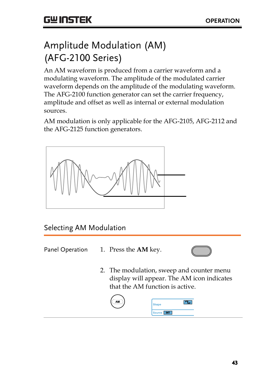 Amplitude modulation (am) (afg-2100 series), Selecting am modulation | GW Instek AFG-2000 User Manual User Manual | Page 45 / 145