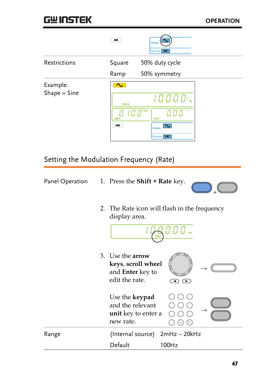 Setting the modulation frequency (rate), Operation, Panel operation 1. press the shift + rate key | GW Instek AFG-2000 User Manual User Manual | Page 49 / 145