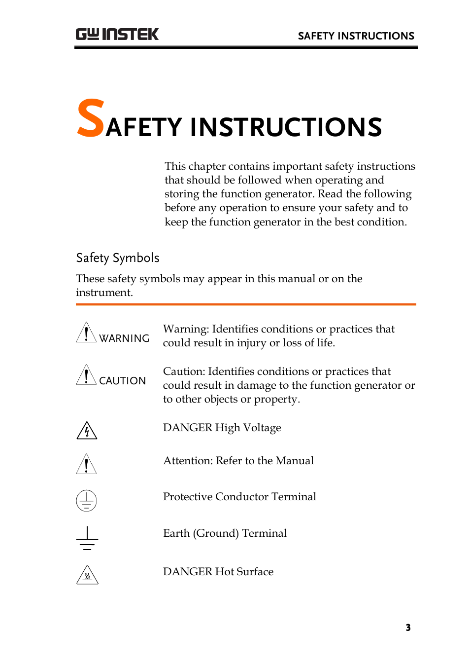 Safety instructions, Safety symbols, Afety instructions | GW Instek AFG-2000 User Manual User Manual | Page 5 / 145