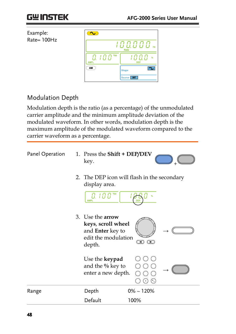 Modulation depth, Afg-2000 series user manual, Example: rate= 100hz | Panel operation 1. press the shift + dep/dev key, Use the keypad and the % key to enter a new depth | GW Instek AFG-2000 User Manual User Manual | Page 50 / 145