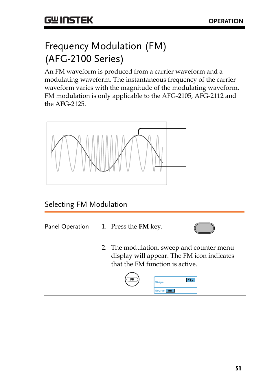 Frequency modulation (fm) (afg-2100 series), Selecting fm modulation | GW Instek AFG-2000 User Manual User Manual | Page 53 / 145