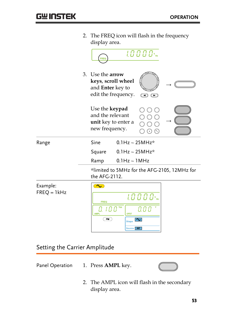 Setting the carrier amplitude, Operation, Panel operation 1. press ampl key | GW Instek AFG-2000 User Manual User Manual | Page 55 / 145
