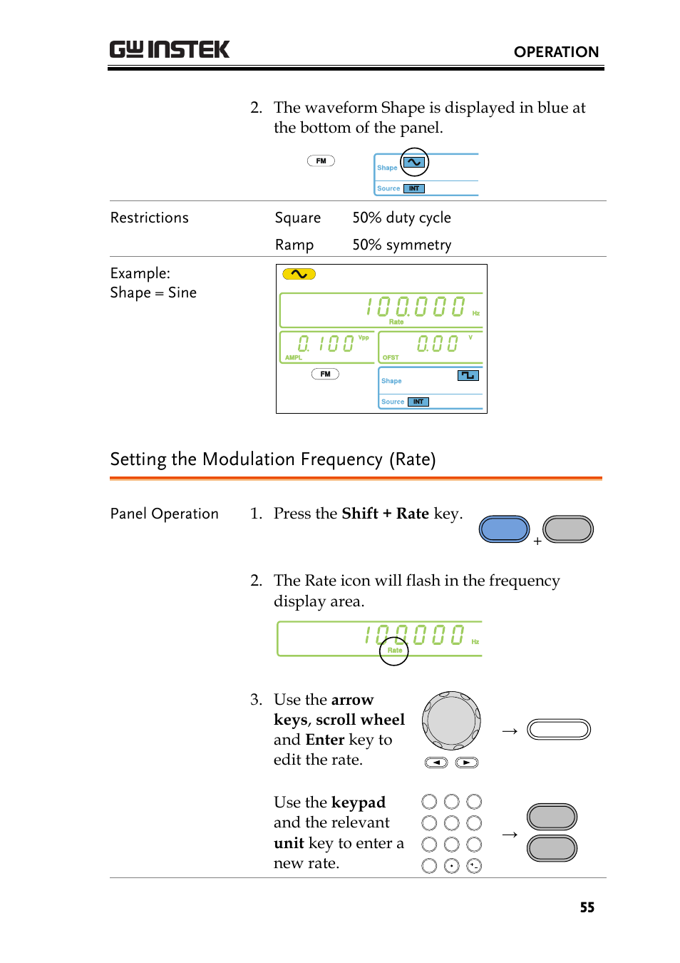 Setting the modulation frequency (rate), Operation, Panel operation 1. press the shift + rate key | GW Instek AFG-2000 User Manual User Manual | Page 57 / 145