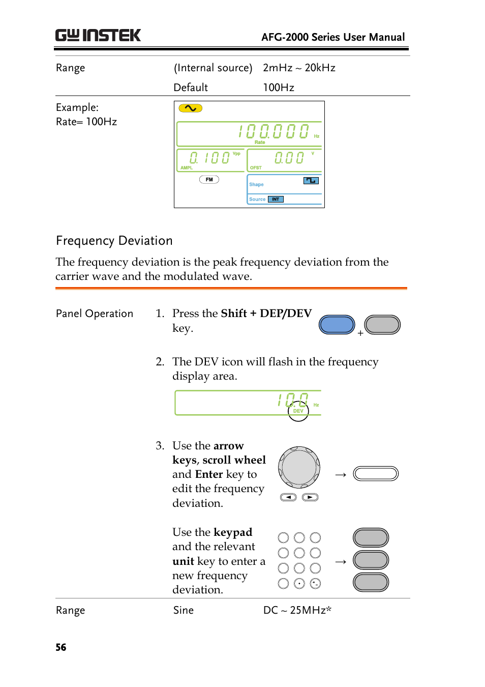 Frequency deviation, Afg-2000 series user manual, Panel operation 1. press the shift + dep/dev key | Range sine dc ~ 25mhz | GW Instek AFG-2000 User Manual User Manual | Page 58 / 145