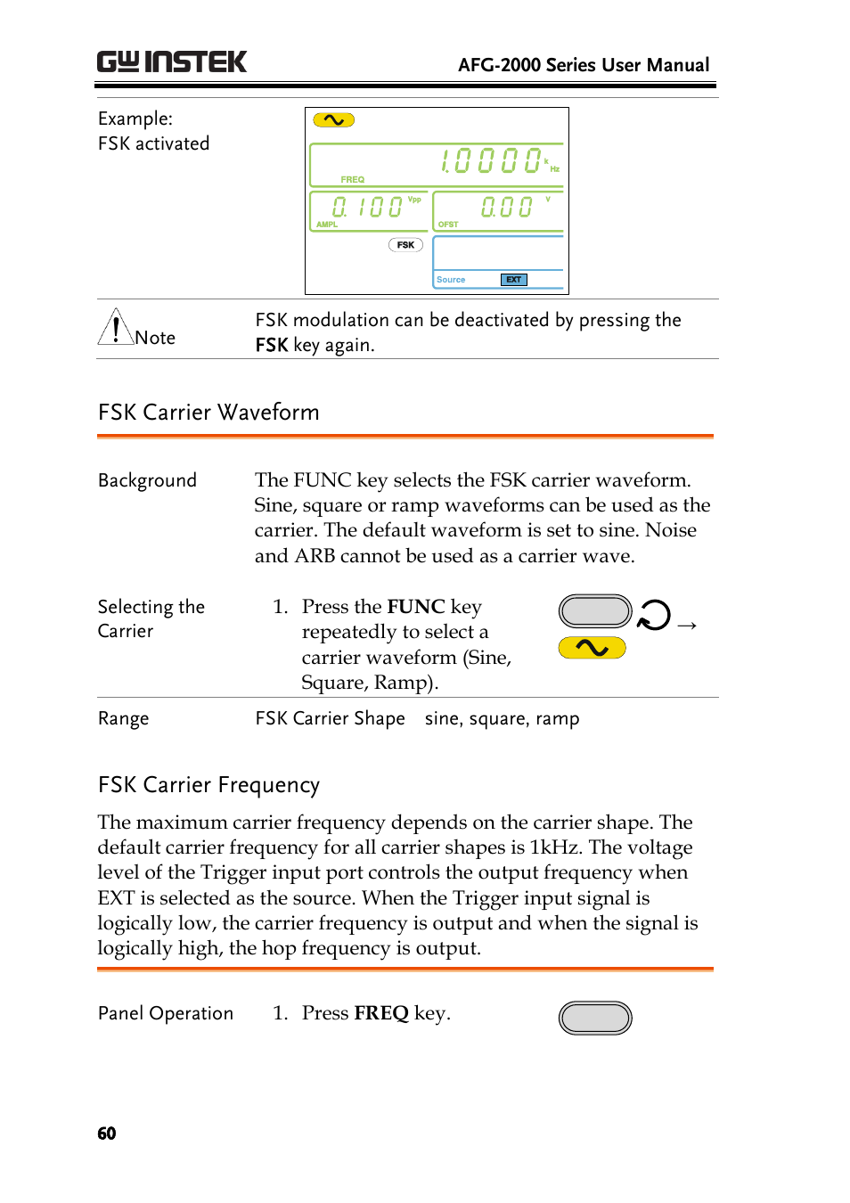 Fsk carrier waveform, Fsk carrier frequency | GW Instek AFG-2000 User Manual User Manual | Page 62 / 145