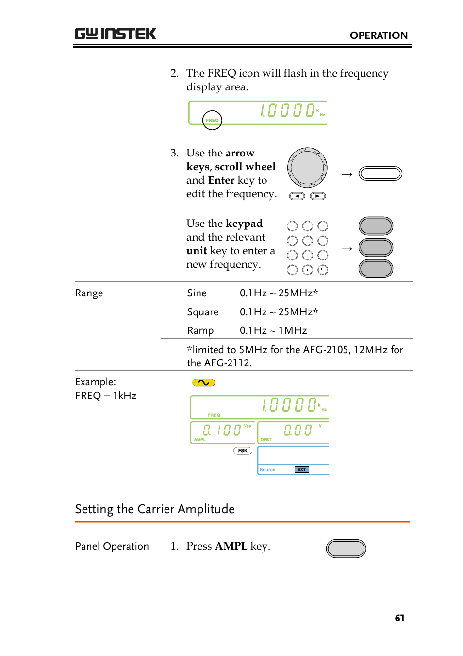 Setting the carrier amplitude, Operation, Panel operation 1. press ampl key | GW Instek AFG-2000 User Manual User Manual | Page 63 / 145