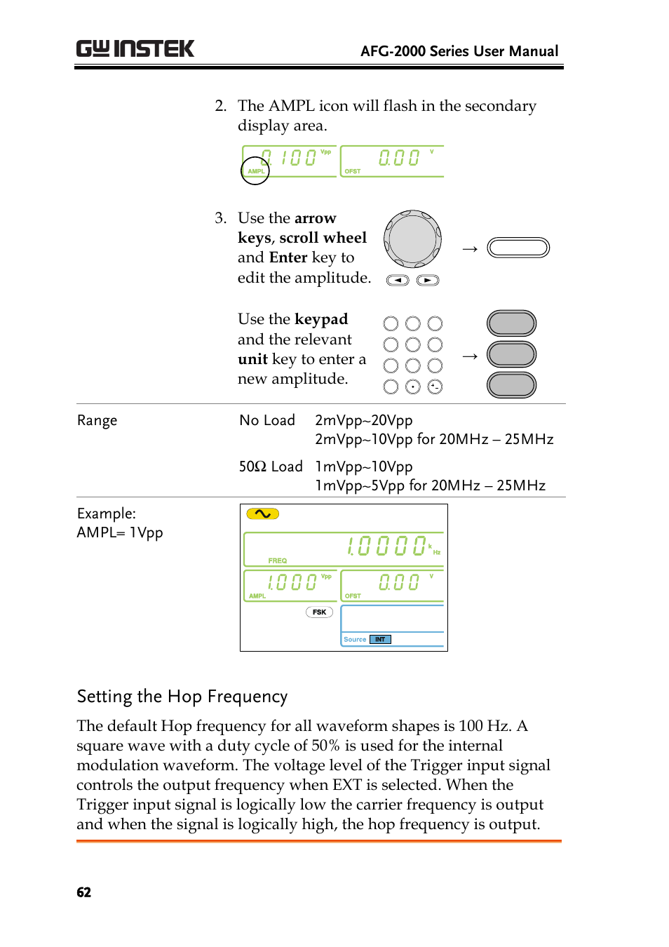 Setting the hop frequency, Afg-2000 series user manual | GW Instek AFG-2000 User Manual User Manual | Page 64 / 145