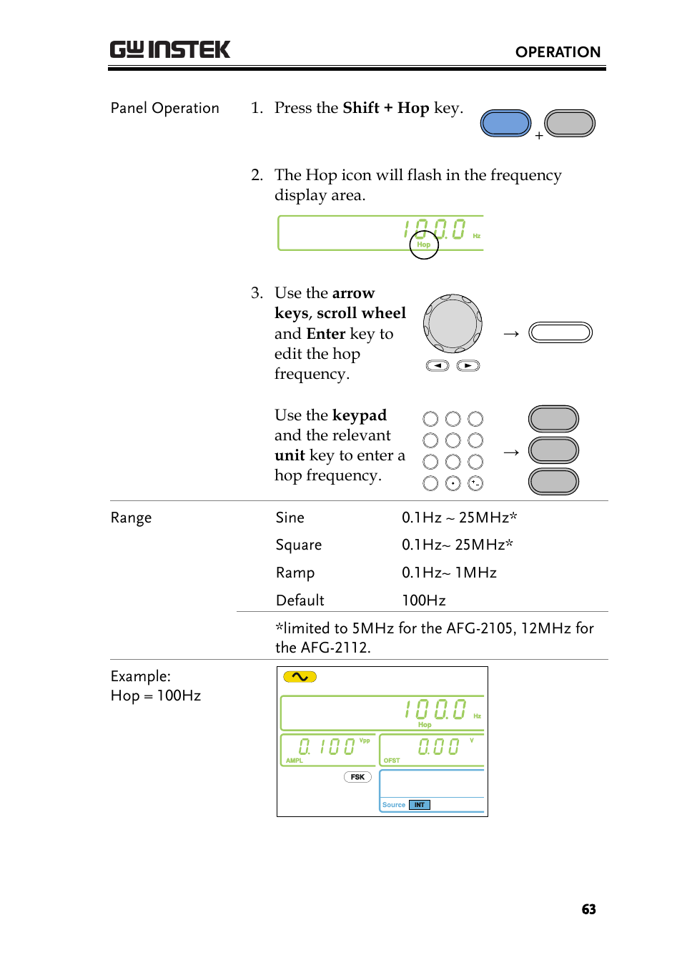Operation, Panel operation 1. press the shift + hop key | GW Instek AFG-2000 User Manual User Manual | Page 65 / 145
