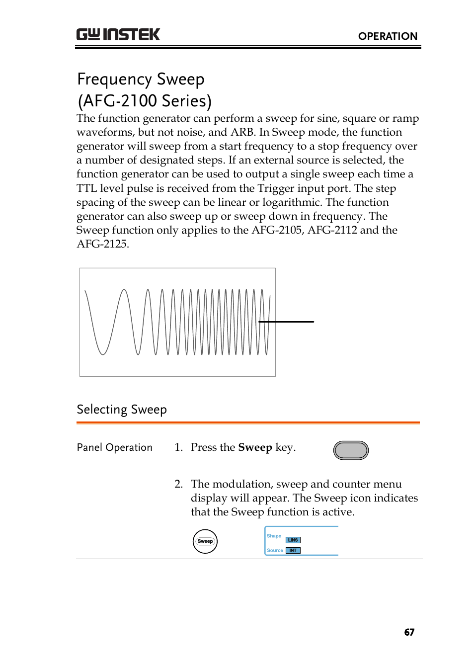 Frequency sweep (afg-2100 series), Selecting sweep | GW Instek AFG-2000 User Manual User Manual | Page 69 / 145