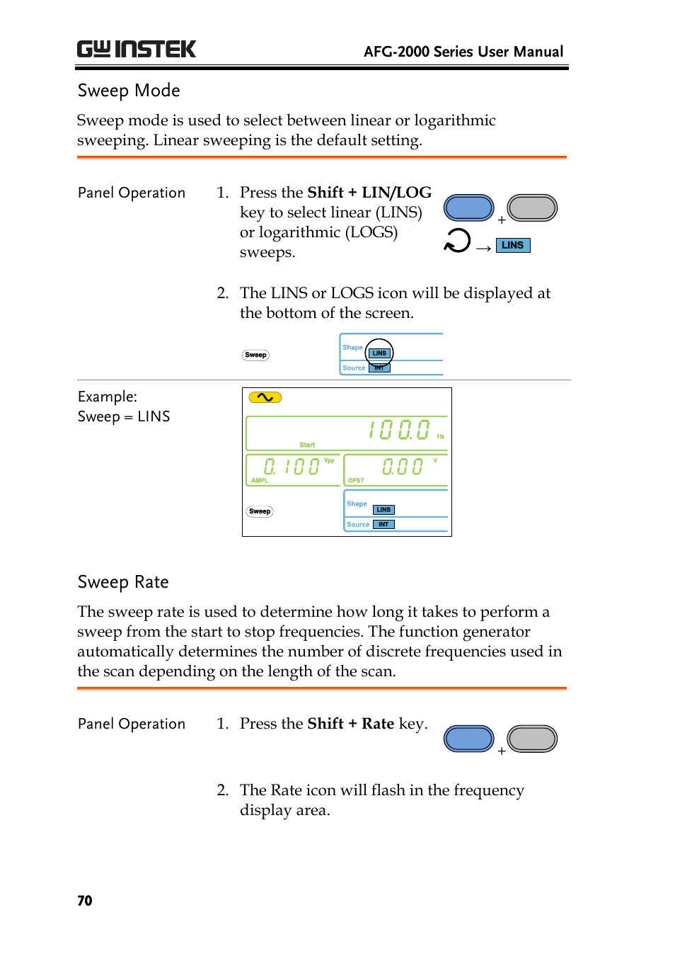 Sweep mode, Sweep rate | GW Instek AFG-2000 User Manual User Manual | Page 72 / 145