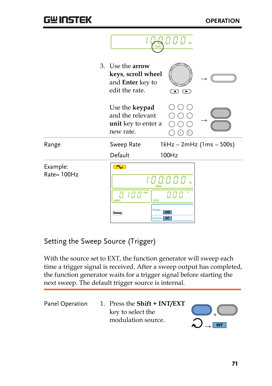 Setting the sweep source (trigger), Operation | GW Instek AFG-2000 User Manual User Manual | Page 73 / 145
