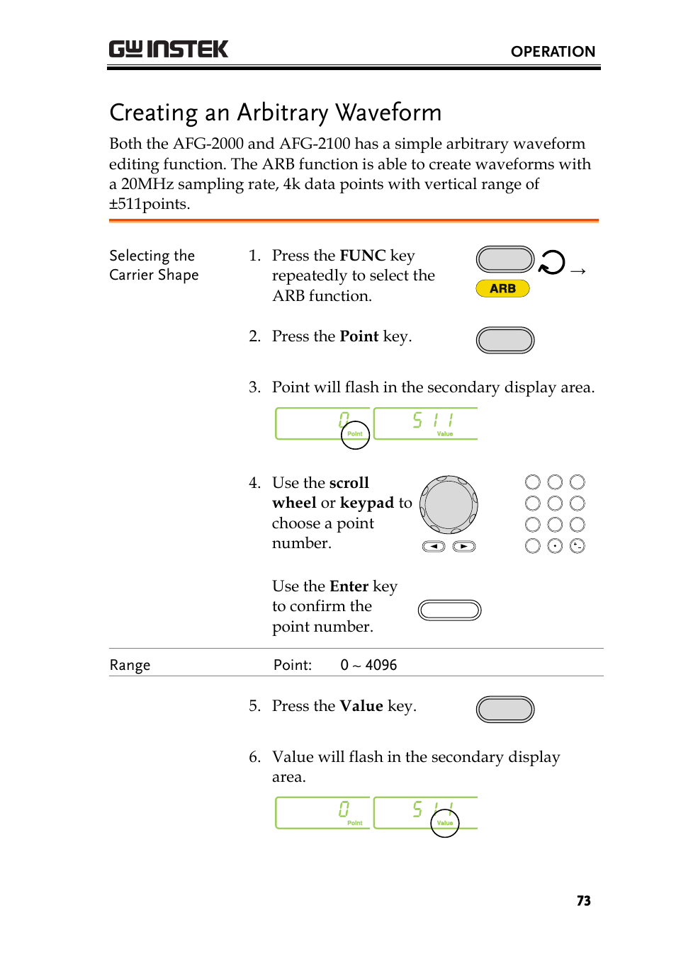 Creating an arbitrary waveform, Operation, Press the point key | Use the enter key to confirm the point number, Value will flash in the secondary display area | GW Instek AFG-2000 User Manual User Manual | Page 75 / 145