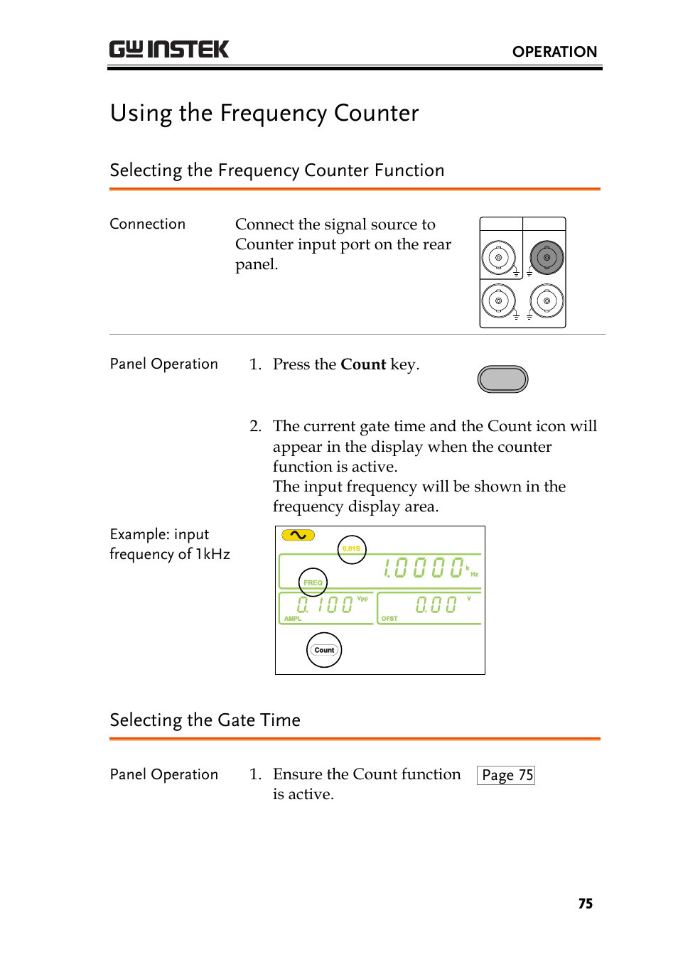 Using the frequency counter, Selecting the frequency counter function, Selecting the gate time | GW Instek AFG-2000 User Manual User Manual | Page 77 / 145
