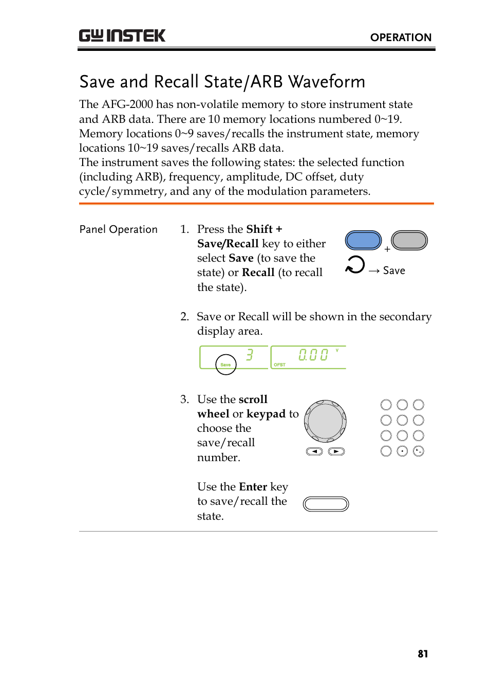 Save and recall state/arb waveform, Operation, Use the enter key to save/recall the state | GW Instek AFG-2000 User Manual User Manual | Page 83 / 145