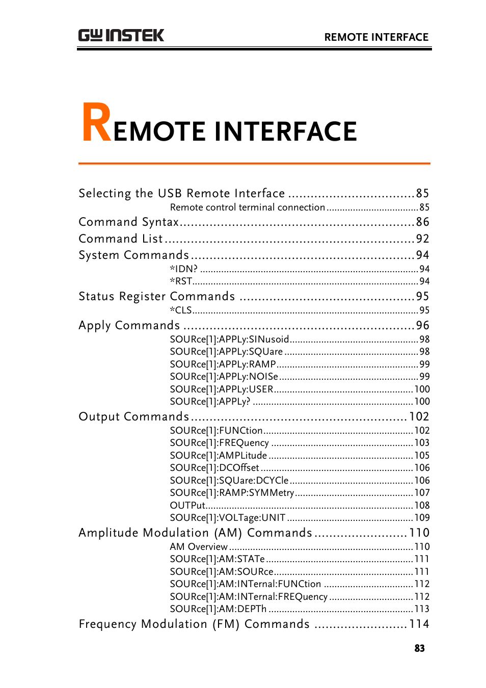 Remote interface, Emote interface | GW Instek AFG-2000 User Manual User Manual | Page 85 / 145