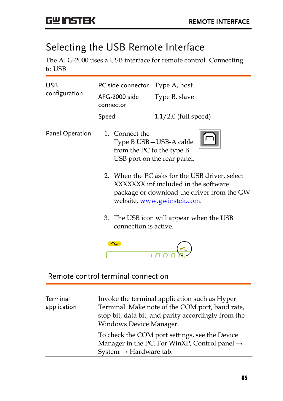 Selecting the usb remote interface, Remote control terminal connection | GW Instek AFG-2000 User Manual User Manual | Page 87 / 145