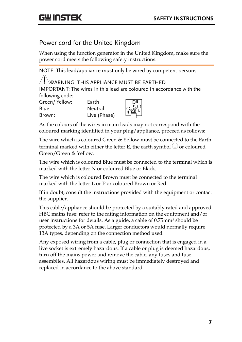 Power cord for the united kingdom, Warning: this appliance must be earthed | GW Instek AFG-2000 User Manual User Manual | Page 9 / 145