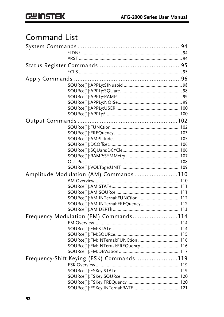 Command list | GW Instek AFG-2000 User Manual User Manual | Page 94 / 145