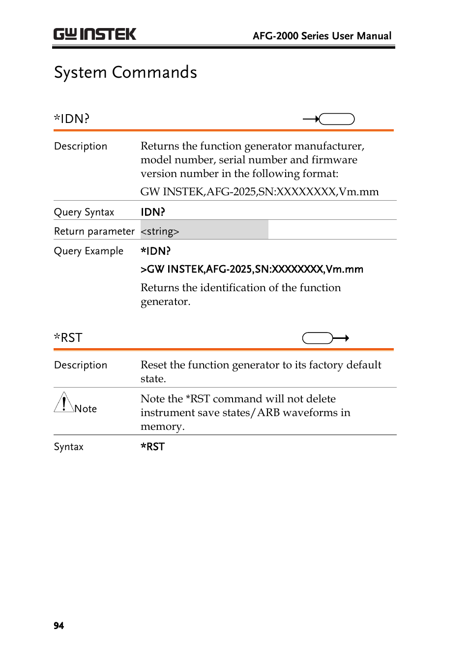 System commands | GW Instek AFG-2000 User Manual User Manual | Page 96 / 145