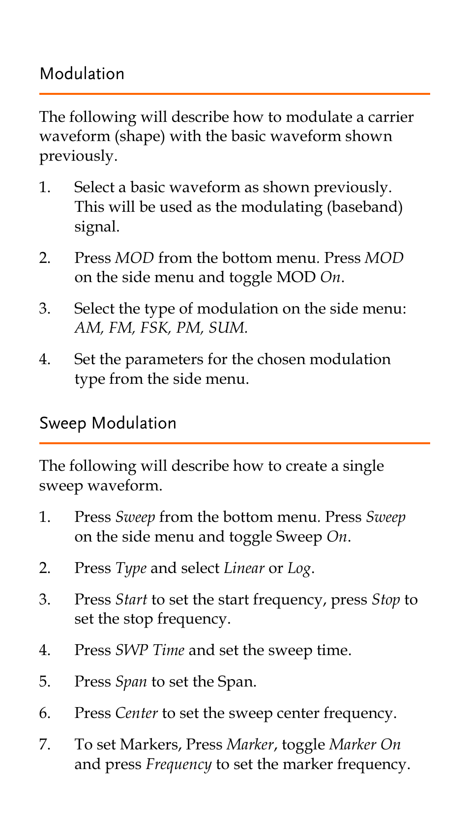 Modulation, Sweep modulation | GW Instek AFG-100/200 Series Quick Start Guide User Manual | Page 10 / 15