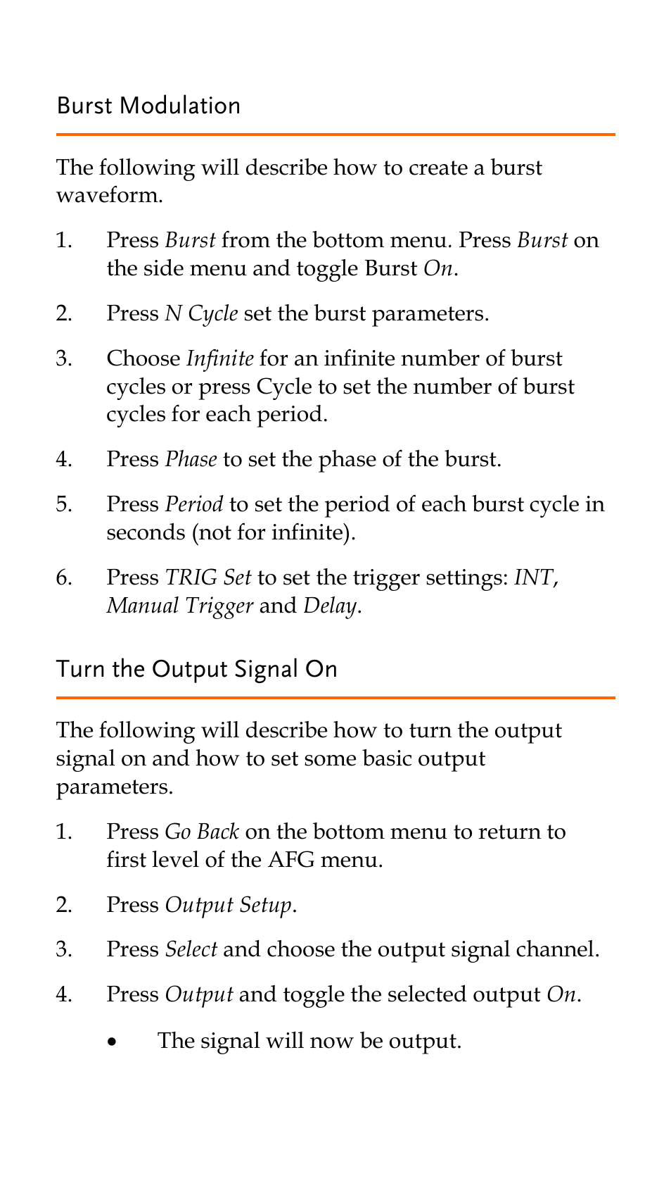 Burst modulation, Turn the output signal on | GW Instek AFG-100/200 Series Quick Start Guide User Manual | Page 11 / 15