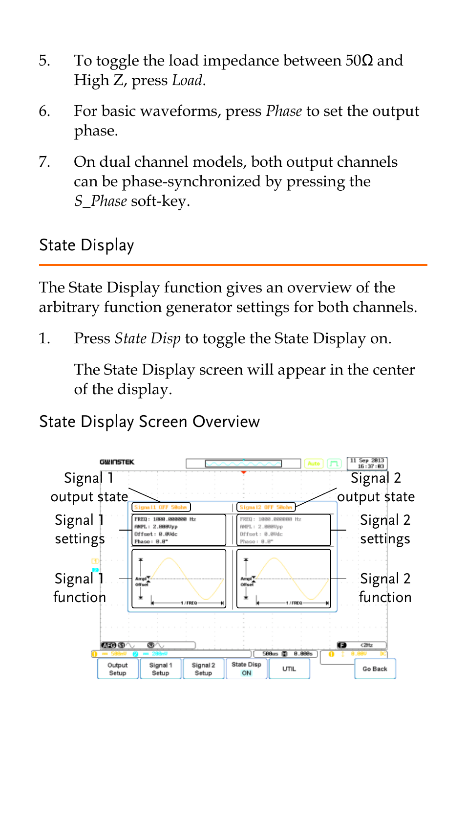 State display, State display screen overview | GW Instek AFG-100/200 Series Quick Start Guide User Manual | Page 12 / 15