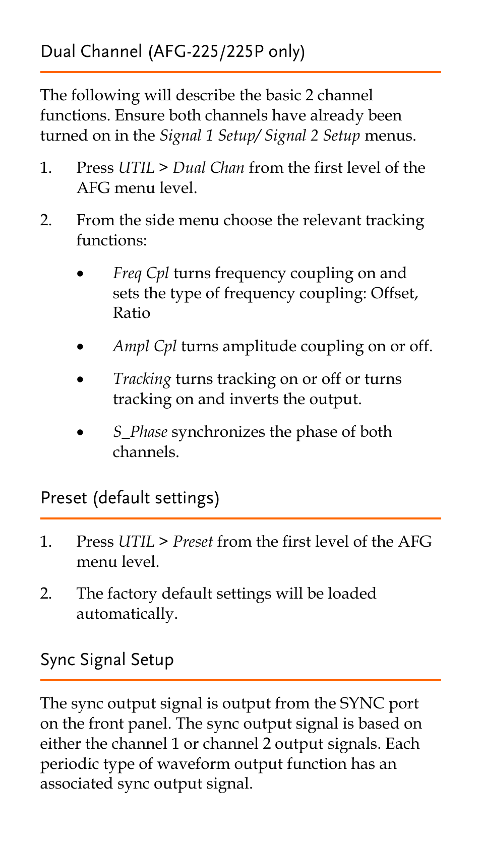 Dual channel (afg-225/225p only), Preset (default settings), Sync signal setup | GW Instek AFG-100/200 Series Quick Start Guide User Manual | Page 13 / 15