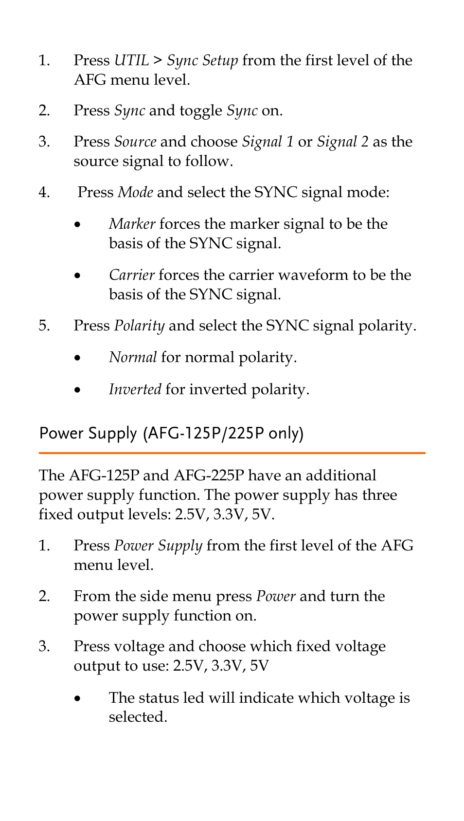 Power supply (afg-125p/225p only) | GW Instek AFG-100/200 Series Quick Start Guide User Manual | Page 14 / 15