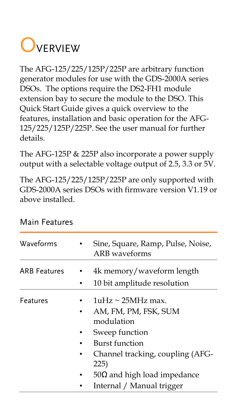 Overview, Main features, Verview | GW Instek AFG-100/200 Series Quick Start Guide User Manual | Page 3 / 15