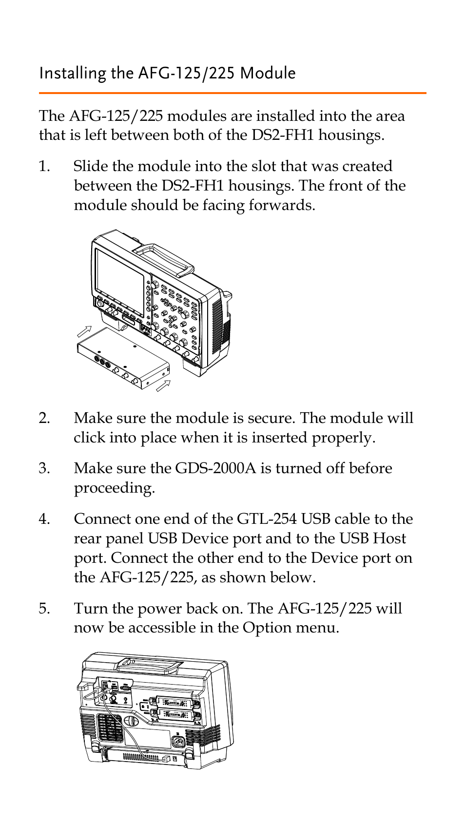 Installing the afg-125/225 module | GW Instek AFG-100/200 Series Quick Start Guide User Manual | Page 6 / 15