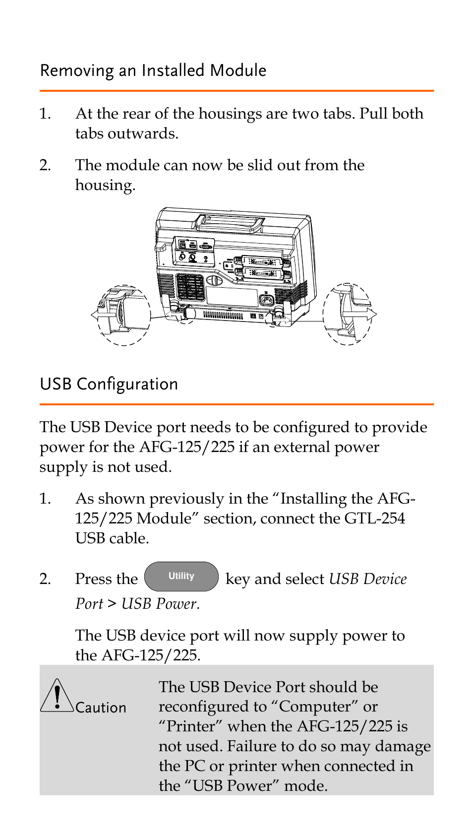 Removing an installed module, Usb configuration | GW Instek AFG-100/200 Series Quick Start Guide User Manual | Page 7 / 15