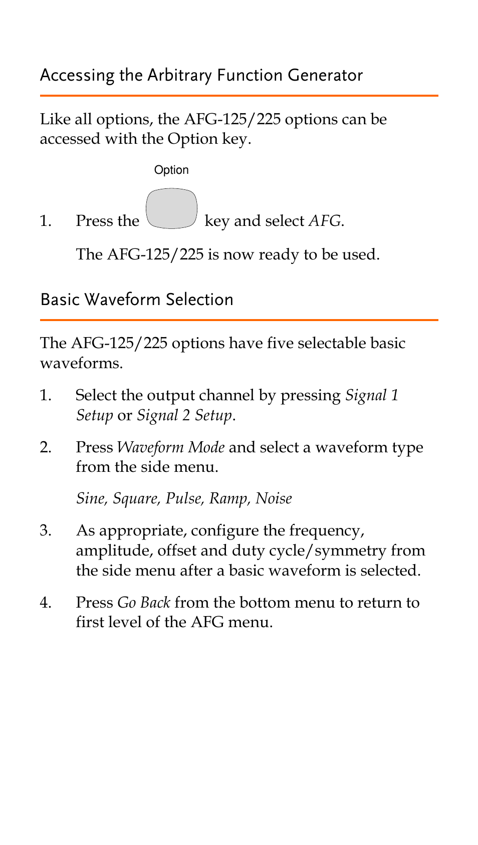 Accessing the arbitrary function generator, Basic waveform selection | GW Instek AFG-100/200 Series Quick Start Guide User Manual | Page 8 / 15