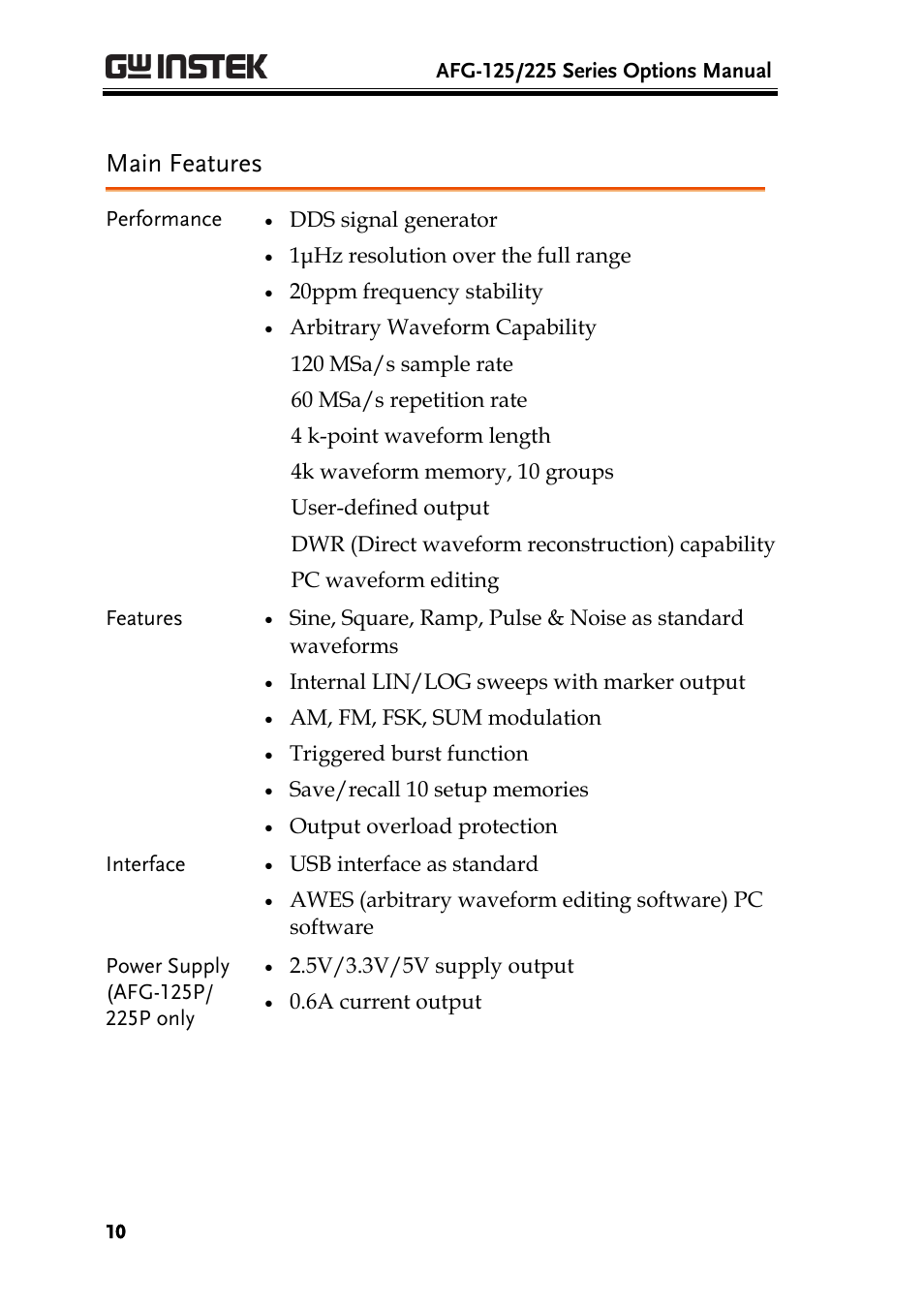 Main features | GW Instek AFG-100/200 Series User Manual User Manual | Page 10 / 82