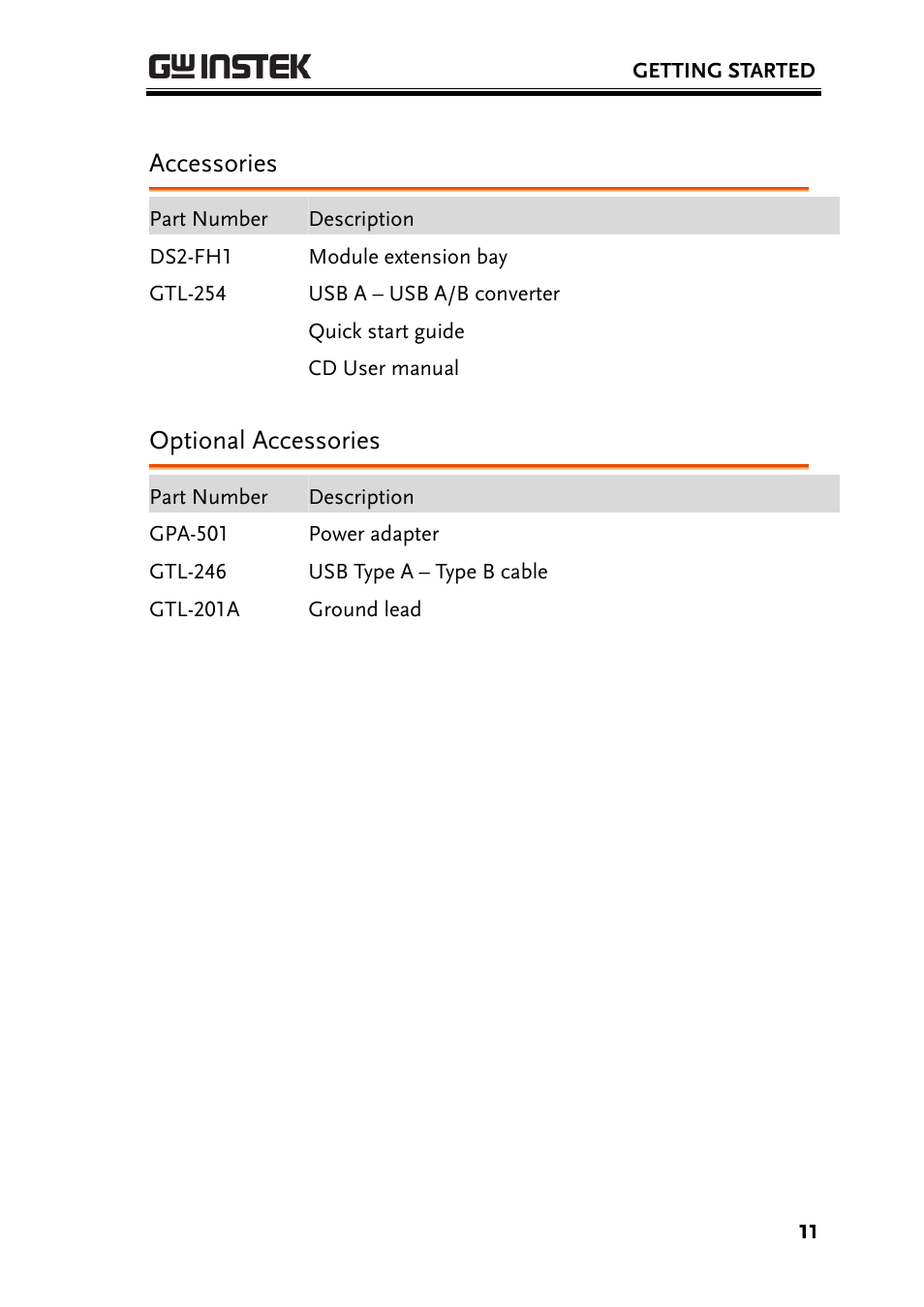 Accessories, Optional accessories | GW Instek AFG-100/200 Series User Manual User Manual | Page 11 / 82