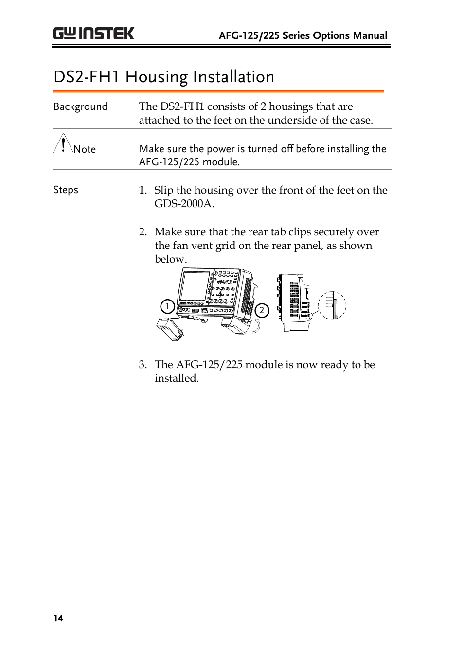 Ds2-fh1 housing installation | GW Instek AFG-100/200 Series User Manual User Manual | Page 14 / 82