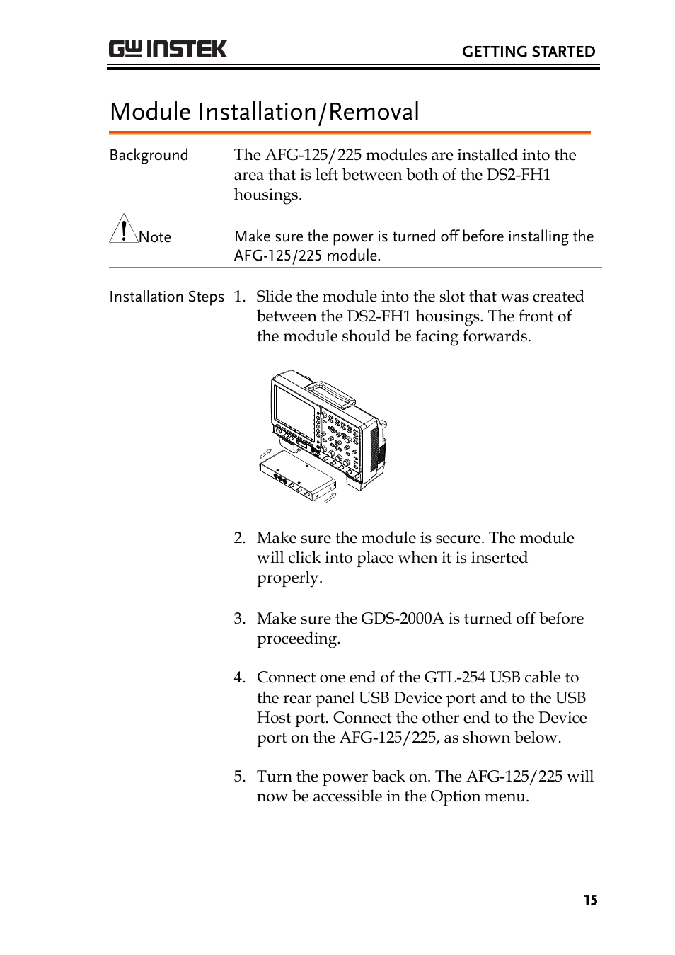 Module installation/removal | GW Instek AFG-100/200 Series User Manual User Manual | Page 15 / 82