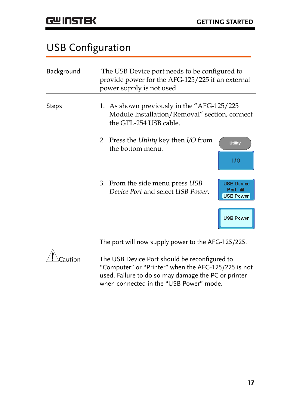 Usb configuration | GW Instek AFG-100/200 Series User Manual User Manual | Page 17 / 82