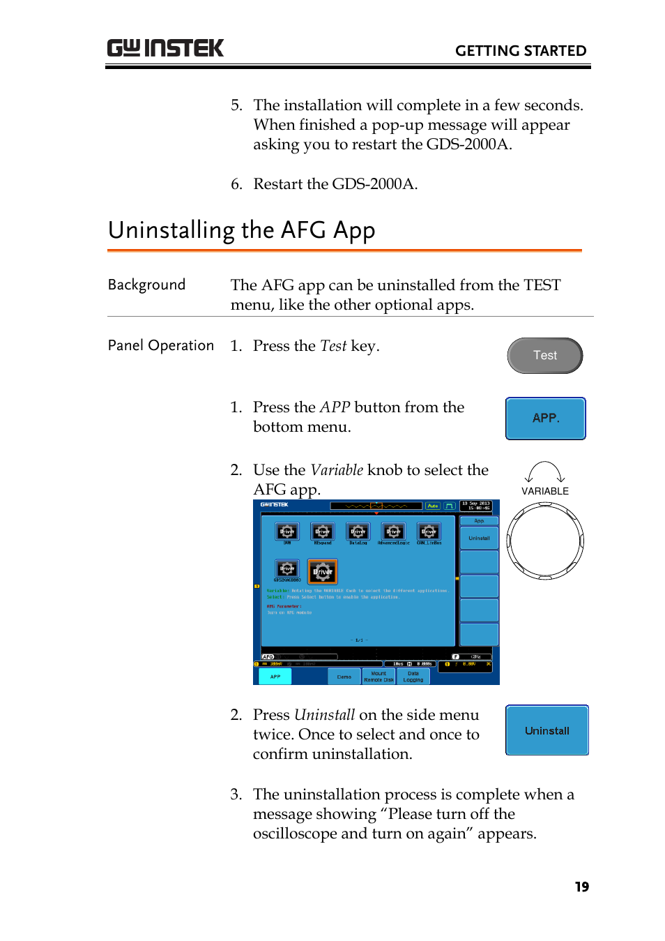 Uninstalling the afg app | GW Instek AFG-100/200 Series User Manual User Manual | Page 19 / 82