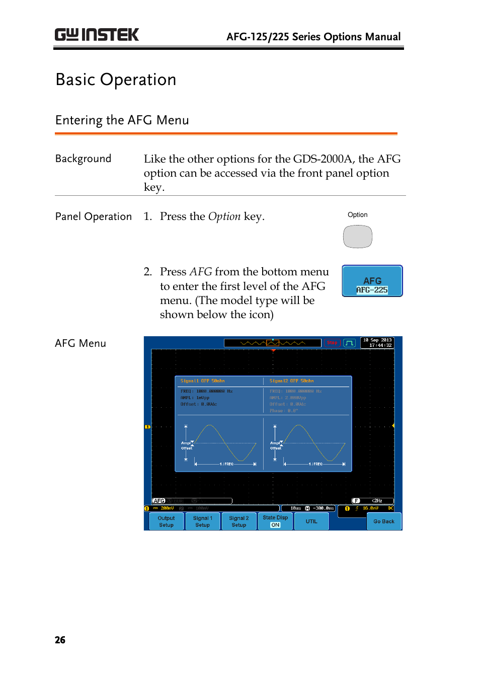 Basic operation, Entering the afg menu | GW Instek AFG-100/200 Series User Manual User Manual | Page 26 / 82