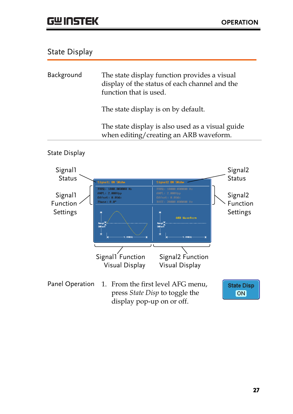 State display | GW Instek AFG-100/200 Series User Manual User Manual | Page 27 / 82