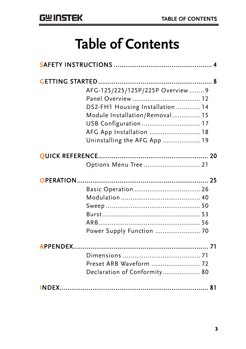 GW Instek AFG-100/200 Series User Manual User Manual | Page 3 / 82