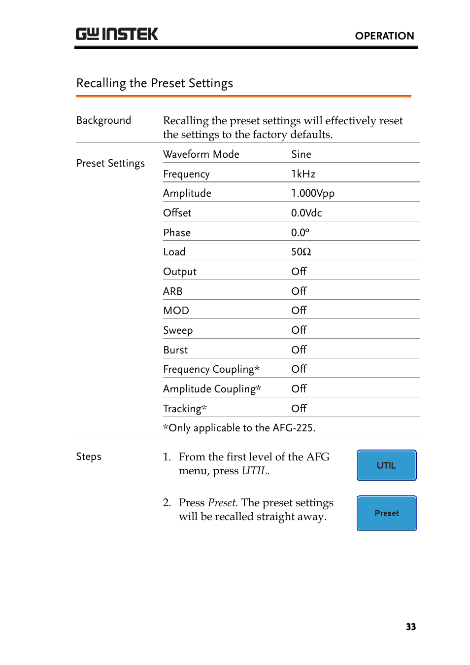 Recalling the preset settings | GW Instek AFG-100/200 Series User Manual User Manual | Page 33 / 82