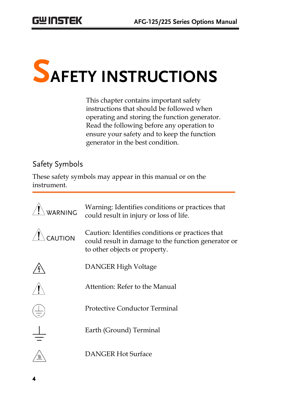 Safety instructions, Safety symbols, Afety instructions | GW Instek AFG-100/200 Series User Manual User Manual | Page 4 / 82