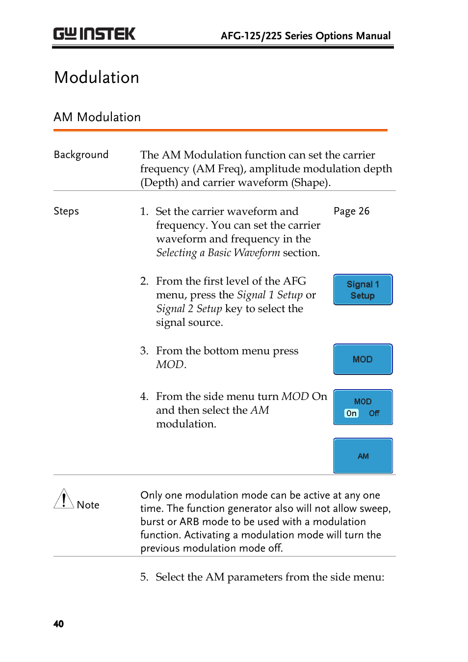 Modulation, Am modulation | GW Instek AFG-100/200 Series User Manual User Manual | Page 40 / 82