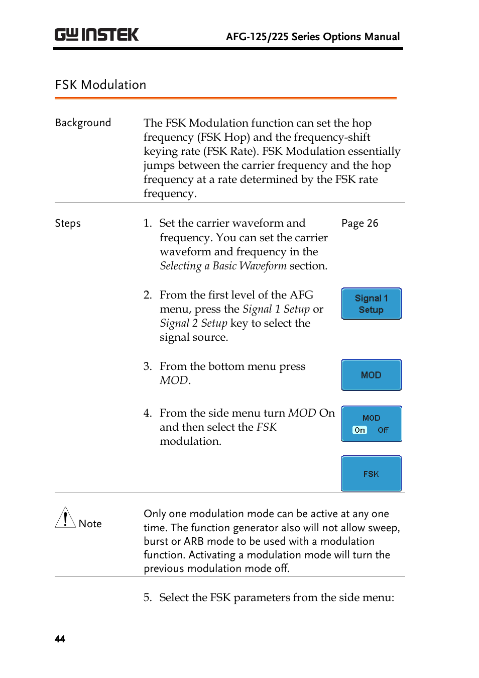 Fsk modulation | GW Instek AFG-100/200 Series User Manual User Manual | Page 44 / 82