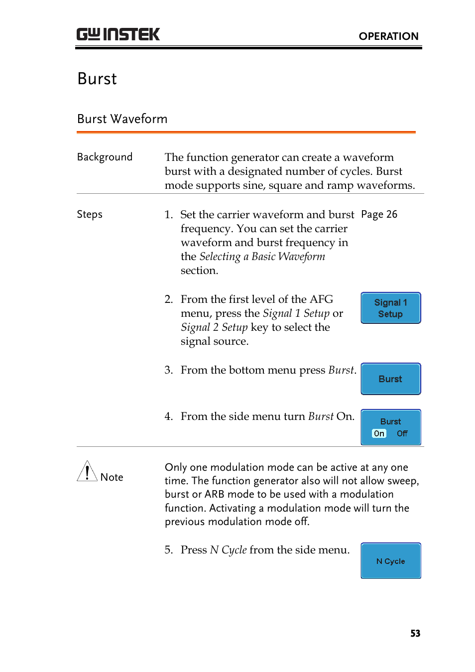 Burst, Burst waveform | GW Instek AFG-100/200 Series User Manual User Manual | Page 53 / 82