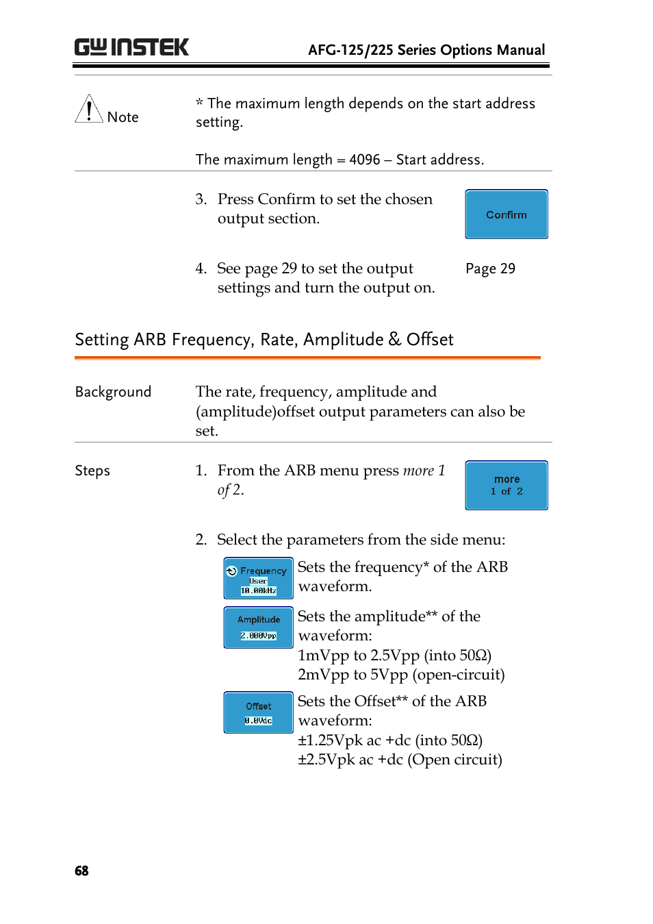 Setting arb frequency, rate, amplitude & offset | GW Instek AFG-100/200 Series User Manual User Manual | Page 68 / 82