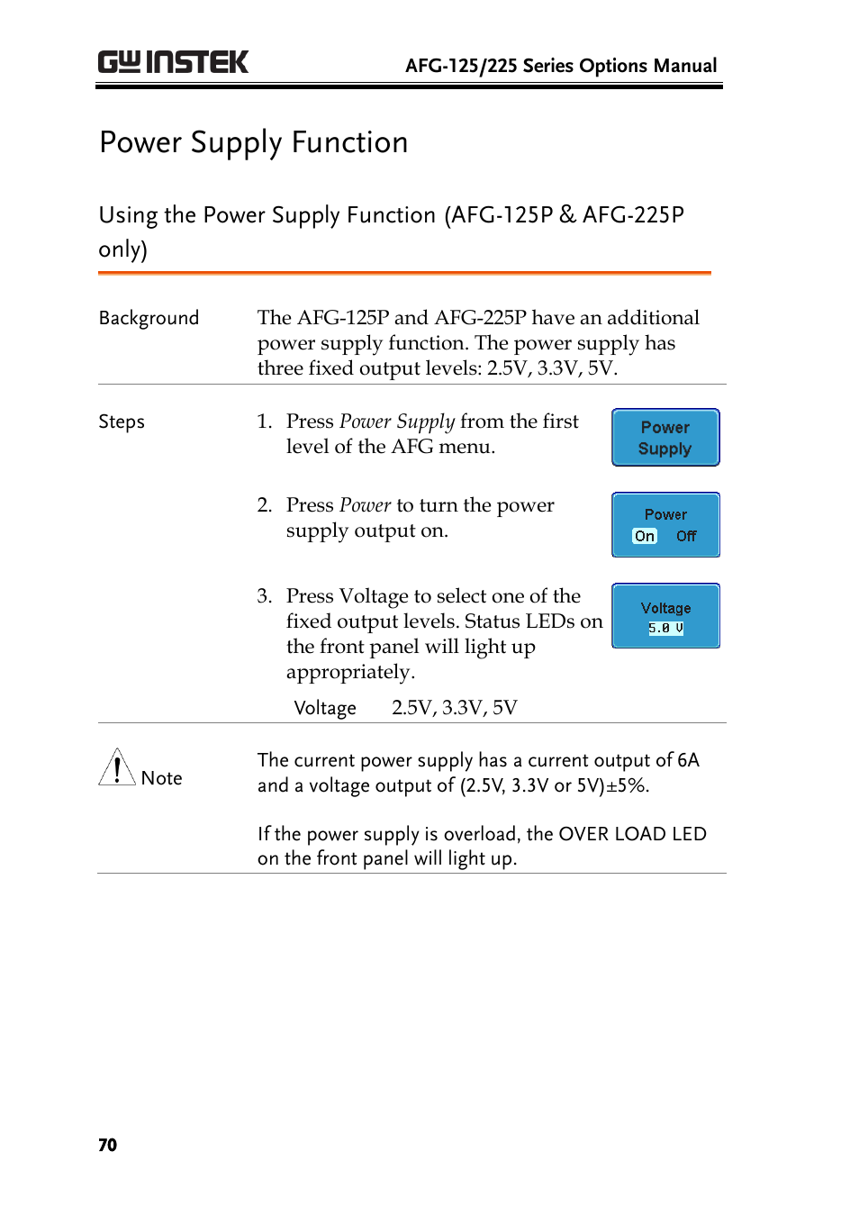 Power supply function | GW Instek AFG-100/200 Series User Manual User Manual | Page 70 / 82